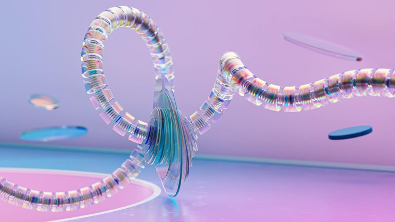 Colorful 3D render depicting a glass spiral structure with vibrant gradients.